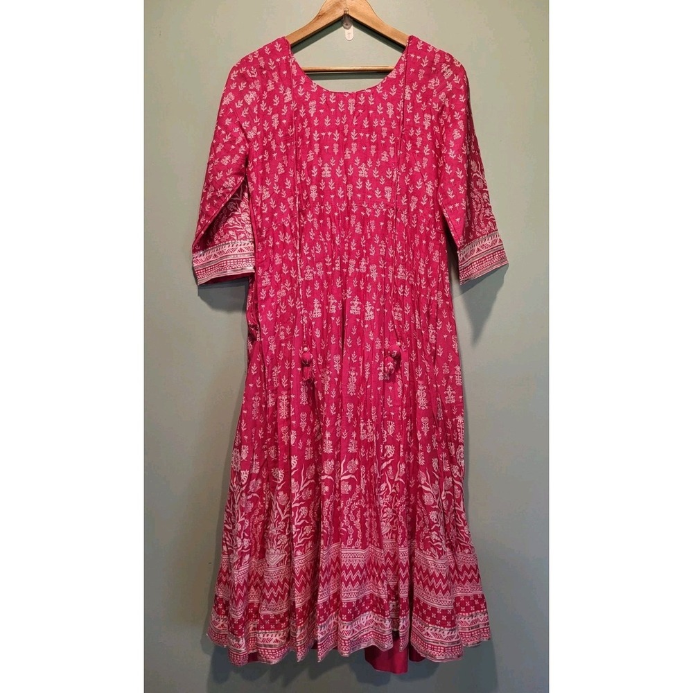 New Biba Fushcia Pink Kurta Ehnic 3/4 Sleeve Embroidered Midi Dress 34/M - Picture 5 of 9